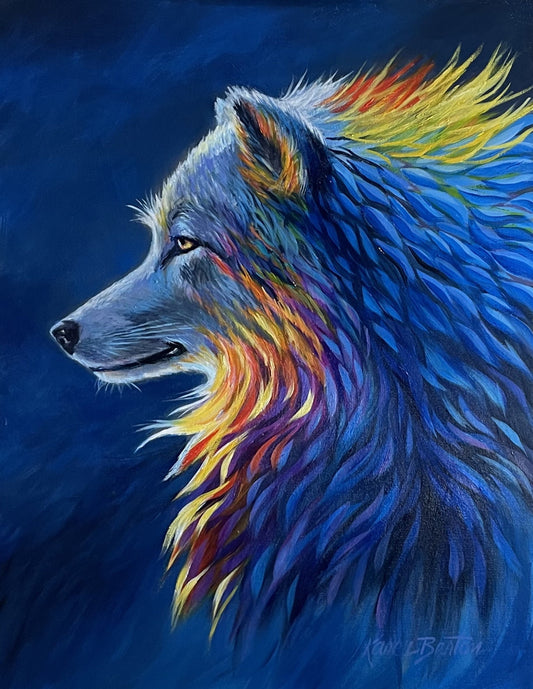 Sun Dog - 11x14 Signed Limited Edition Giclée Wolf Print on Archival Paper Colorful Wolf Painting, Vibrant Wildlife Art by Karen Barton
